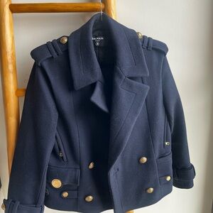 Balmain Women's Dark Blue cashmere wool Pea Coat with Gold Buttons
